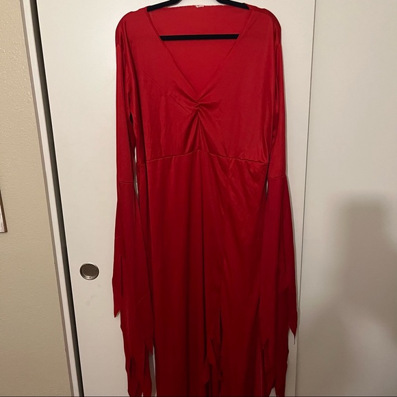 Long Red Devil V Neck Dress Costume with Slit & Devil Tail, Size Medium - Picture 2 of 12